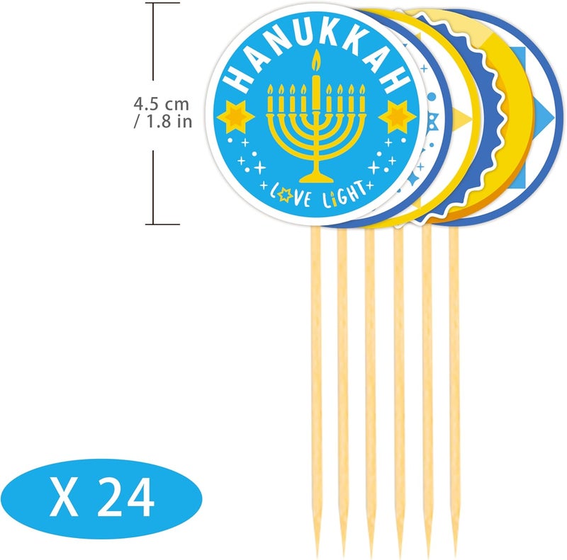 Moitkptt 24Pcs Hanukkah Cupcake Toppers, Glitter Star of David Candlestick Hexagram Chanukkah Cupcake Toppers for Hanukkah Party Decorations Supplies (print) - Image 2